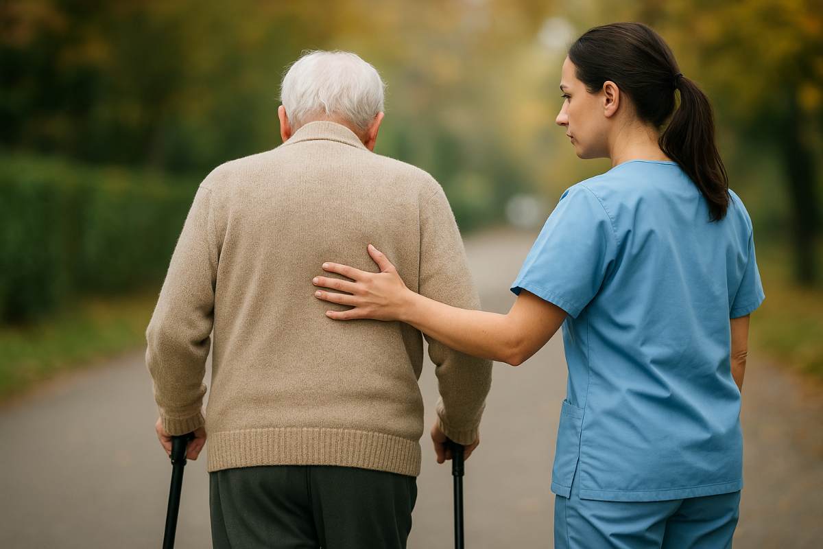 Operatrice accompagna un anziano