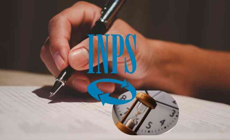 Mano che compila un modulo, logo INPS e orologio con clessidra