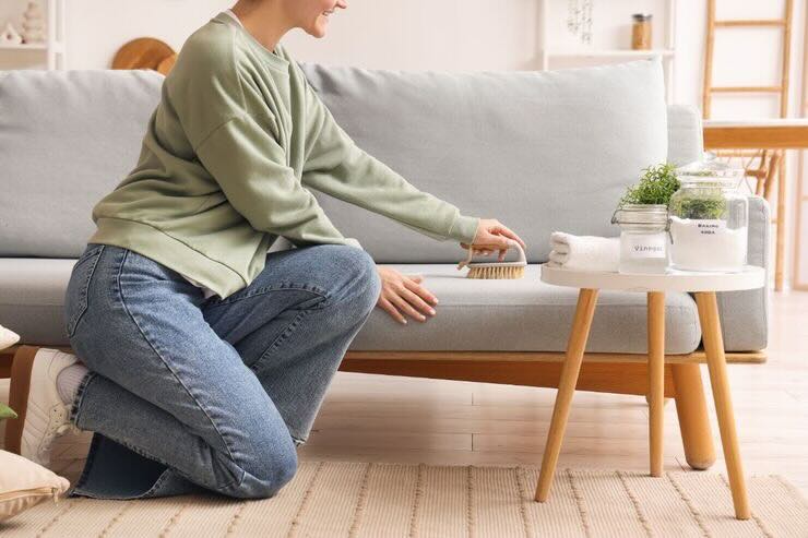 Donna con spazzola su divano 