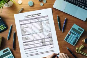 Foglio con la simulazione pensionistica, calcolatrice e computer