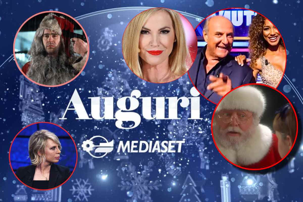 Grafica di auguri natalizi di Mediaset e, in evidenza, Gerry Scotti, una scena di Una Poltrona per Due, Federica Panicucci e Maria De Filippi