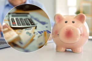 salvadanaio e banconote di euro con calcolatrice