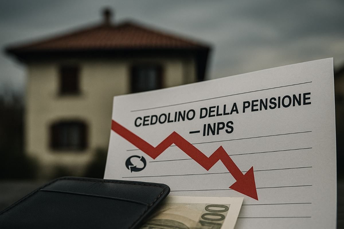 Freccia rossa in calo sul cedolino della pensione davanti a una casa