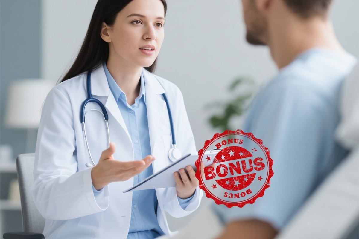 dottoressa con paziente e scritta bonus