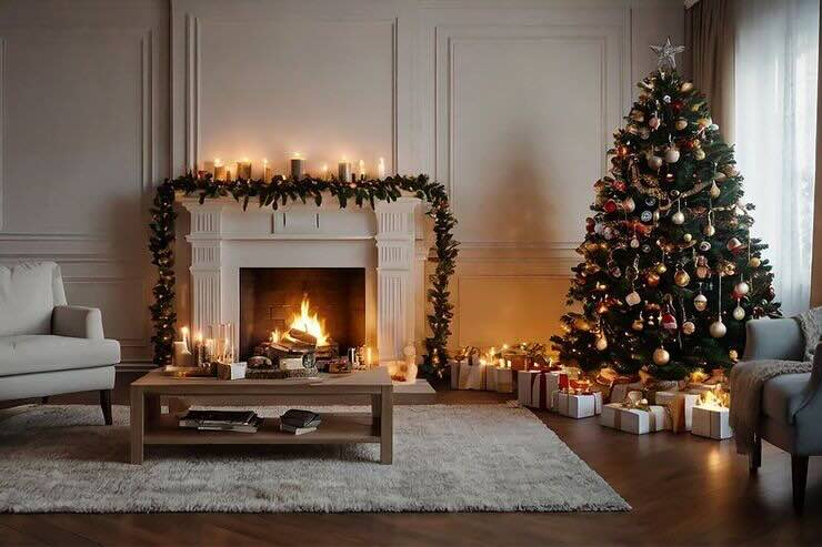 Albero di Natale, camino addobbato a festa