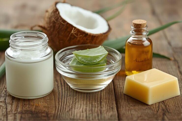 Cocco, boccetta con olio, barattolo con burro, aloe vera, saponetta