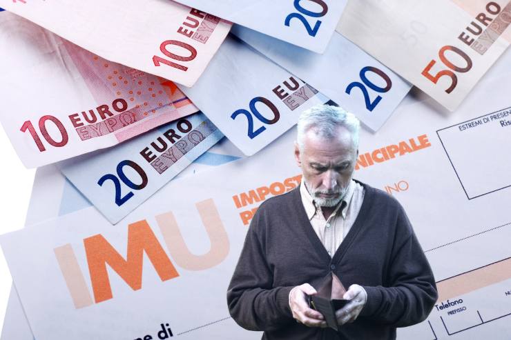 uomo guarda portafogli vuoto e dietro di lui documento imu e banconote euro