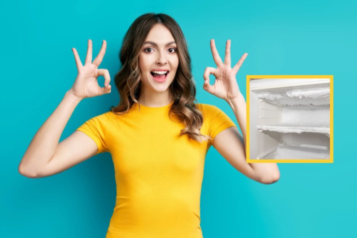 freezer pieno di ghiaccio e donna che fa ok con le dita