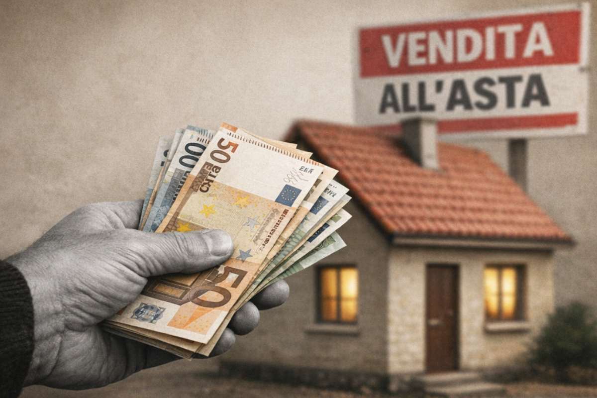 Illustrazione mano che tiene delle banconote euro in mano e casa con cartello "vendesi, all'asta" sullo sfondo