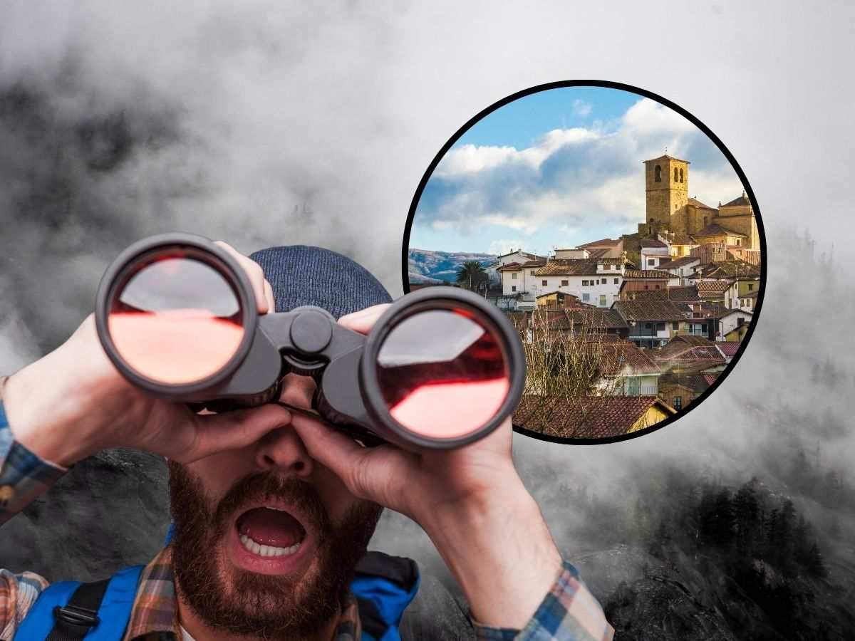 sfondo nuvoloso, tondo con borgo e uomo con binocolo