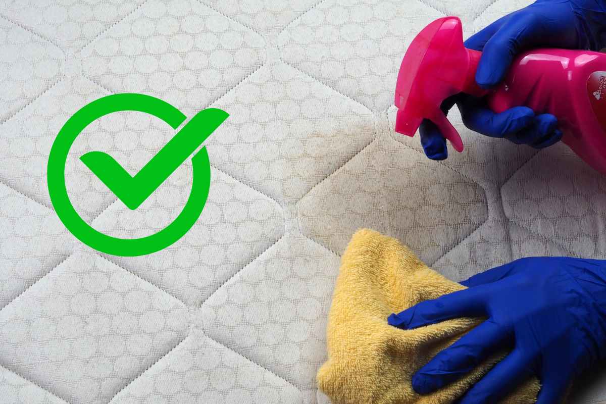 Persona che pulisce il materasso macchiato e simbolo "Ok"