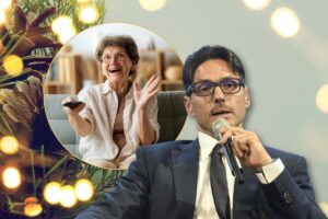 Atmosfera di festa, Pier Silvio Berlusoni e donna felice con telecomando in mano