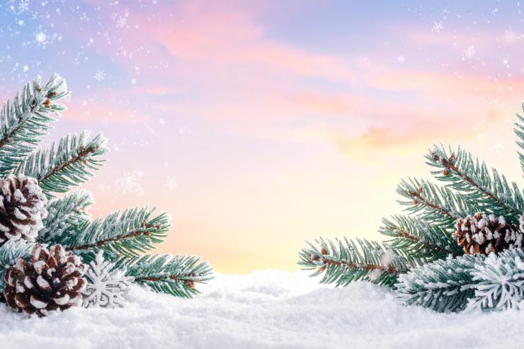 addobbi natalizi su neve e sfondo tramonto