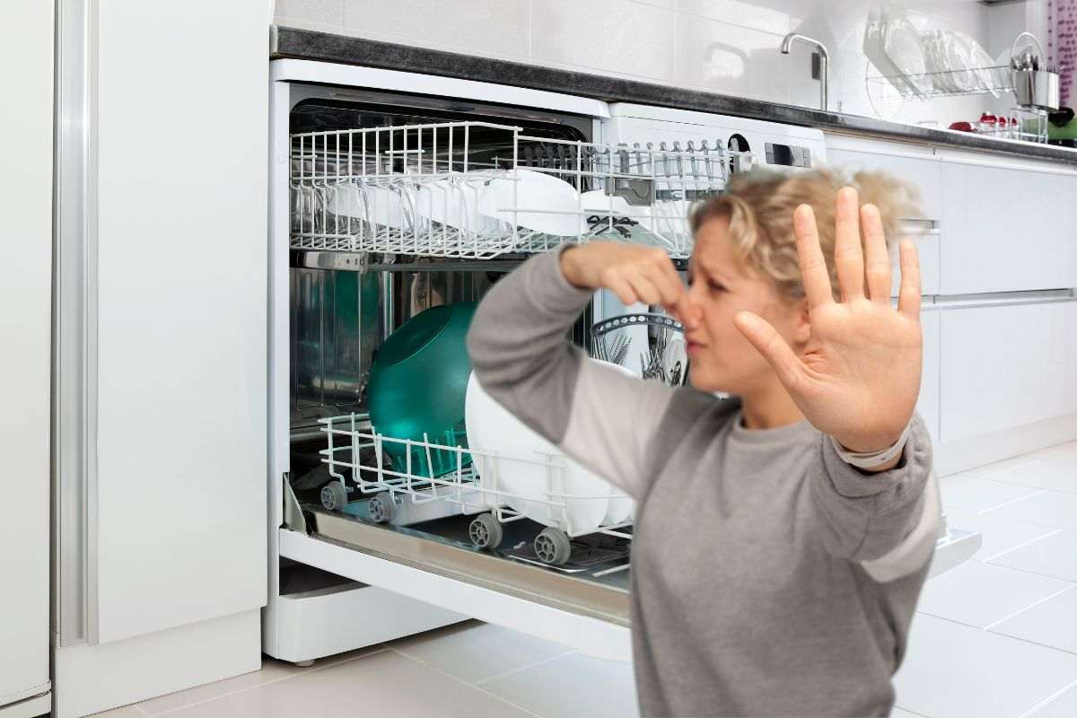 donna che si tappa il naso per il cattivo odore che esce dalla lavastoviglie