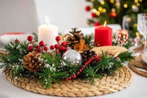 Centrotavola con candele, pigne, agrifogli, pini