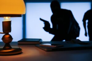 ladri con pistola in penombra all'interno casa