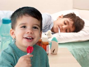 sfondo bambino ammalato e bambino con lecca lecca