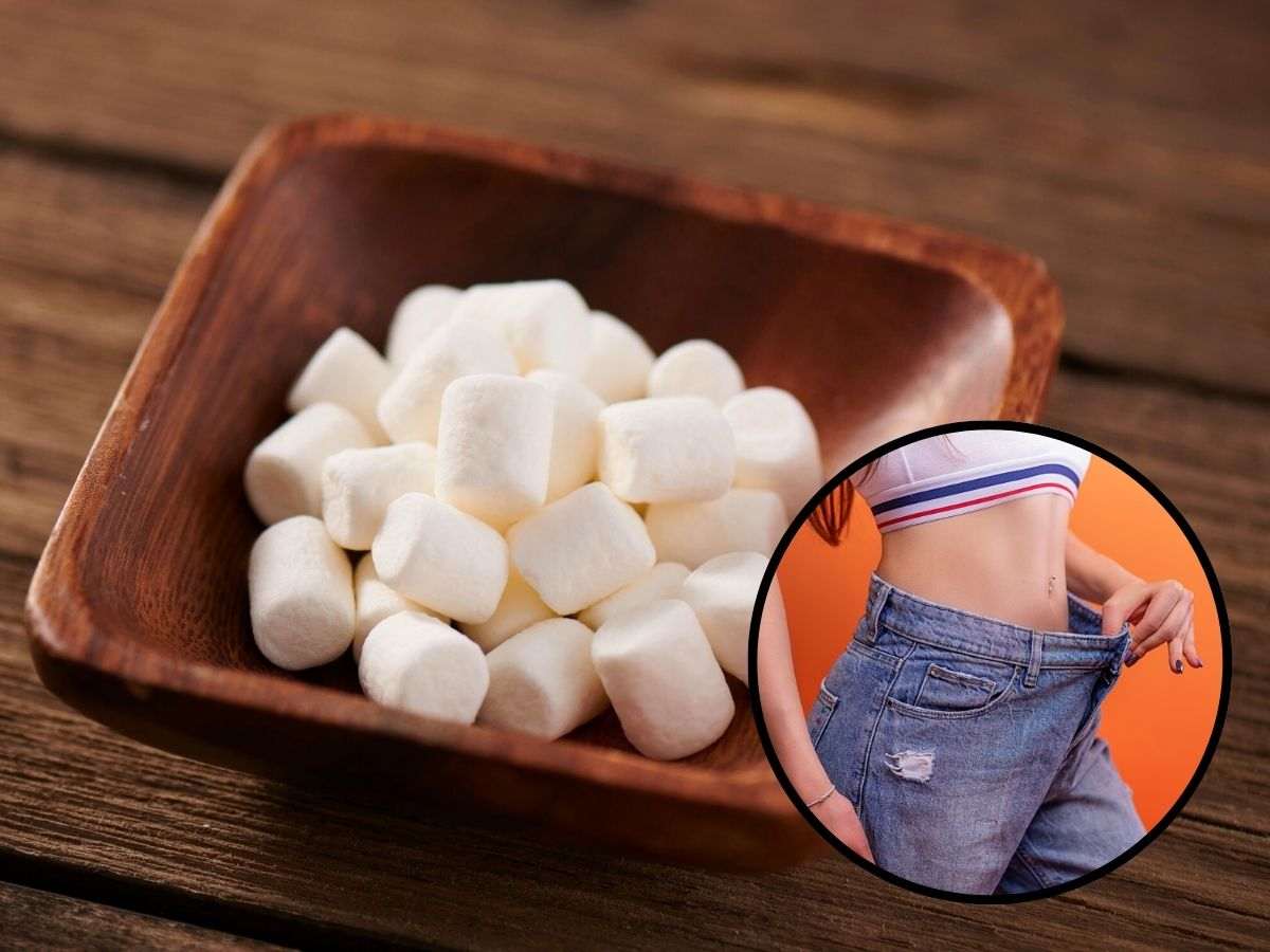 sfondo marshmallow e tondo ragazza con pancia magra