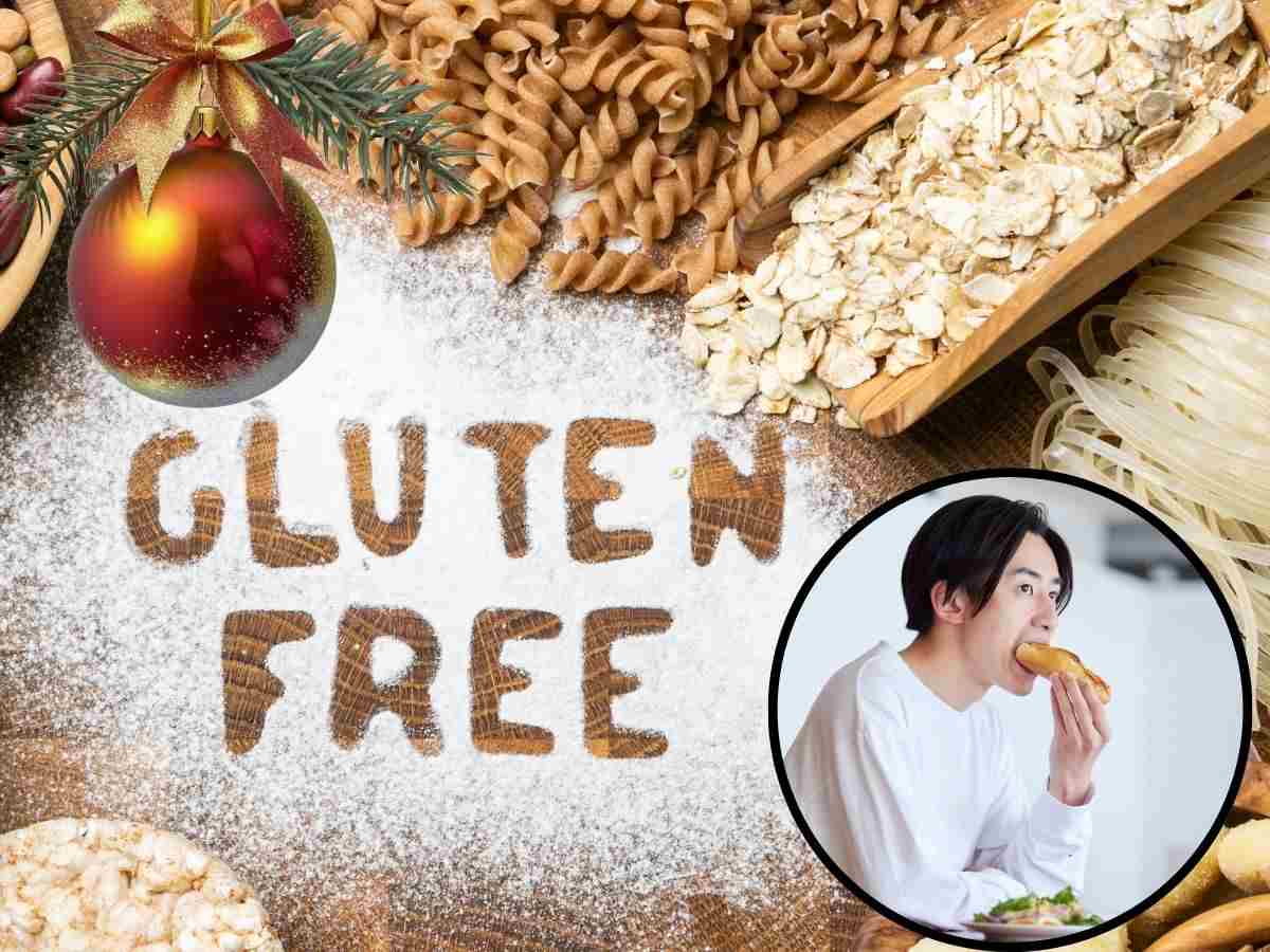 sfondo scritta gluten free e carboidrati, pallina di Natale e tondo con persona che mangia pane