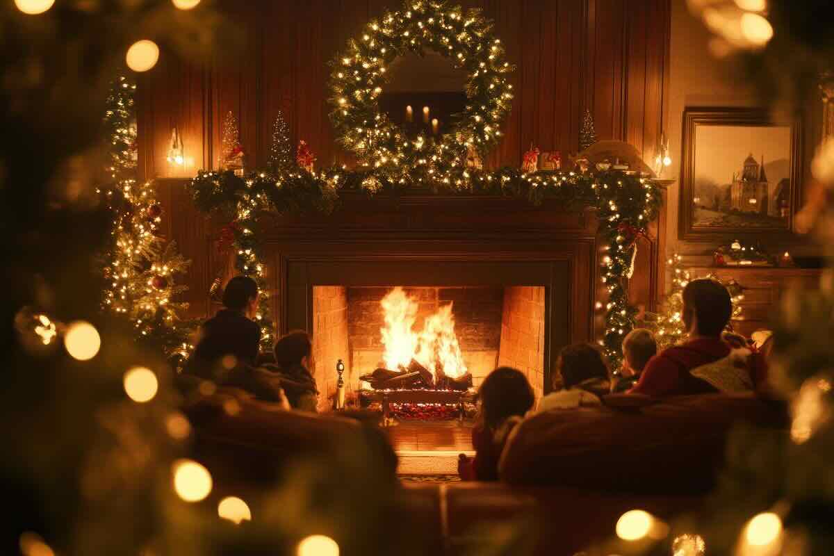 Casa arredata per Natale con camino acceso