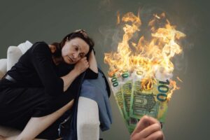 soldi che bruciano e donna triste sul divano