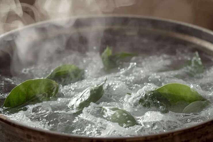 acqua bollente con foglie di alloro 
